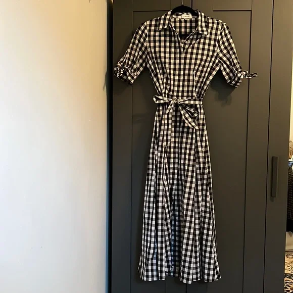 calvin klein blue gingham dress Striped Summer Polo V-Neck Knitted Sweater Maxi DressVD60627 Small / Navy